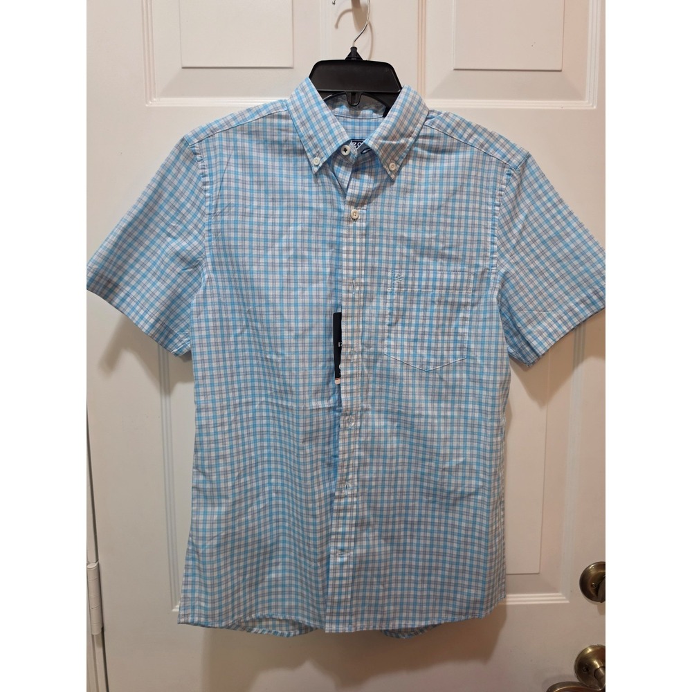 NWT IZOD Men's Short Sleeve Plaid Button Down Shirt Light Blue White - S